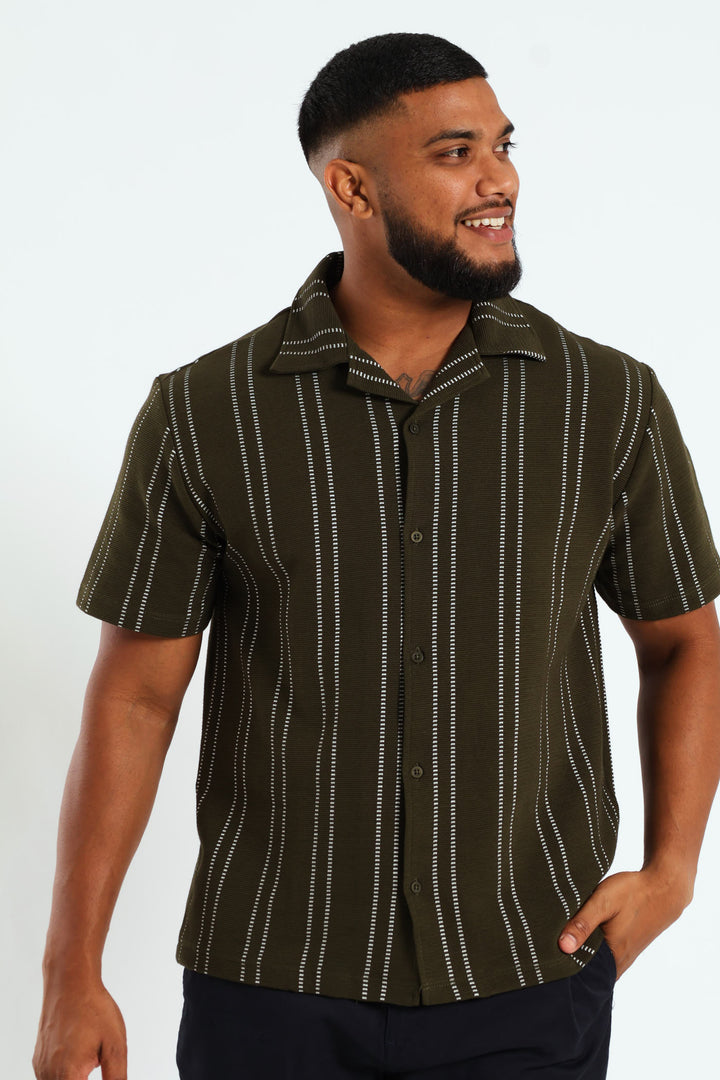 Stripe Knit Surface Interest Shirt - Green