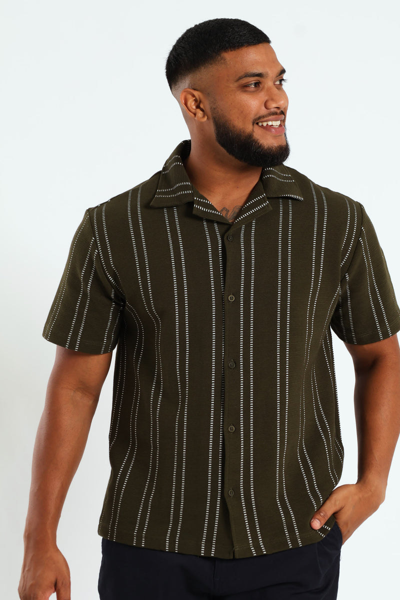 Stripe Knit Surface Interest Shirt - Green