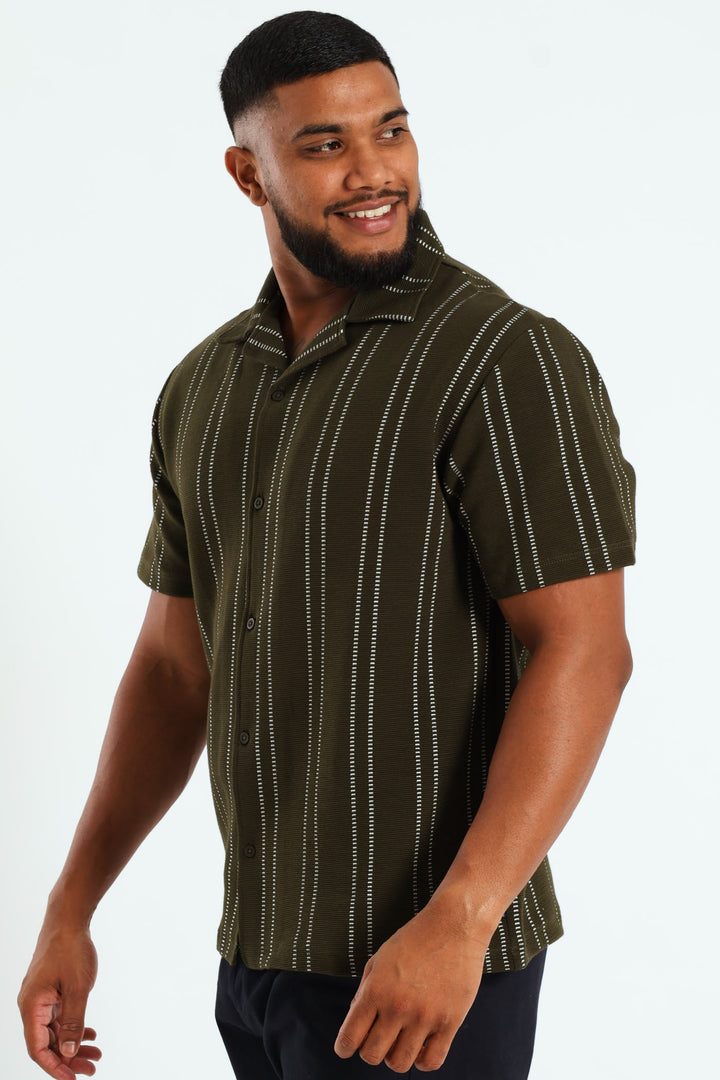 Stripe Knit Surface Interest Shirt - Green
