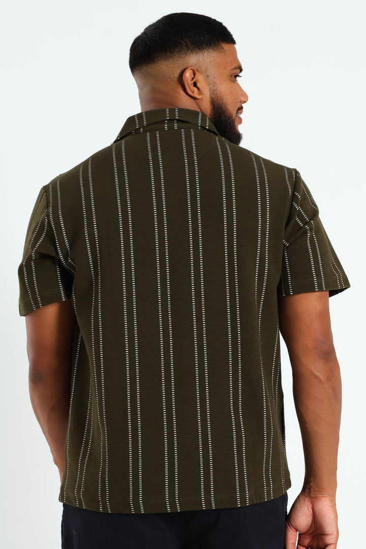 Stripe Knit Surface Interest Shirt - Green