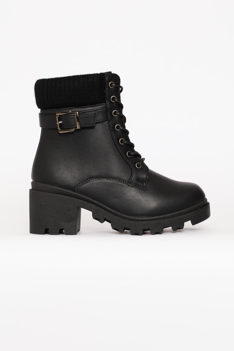 Sock Detail Trim Chunky Military Boot - Black