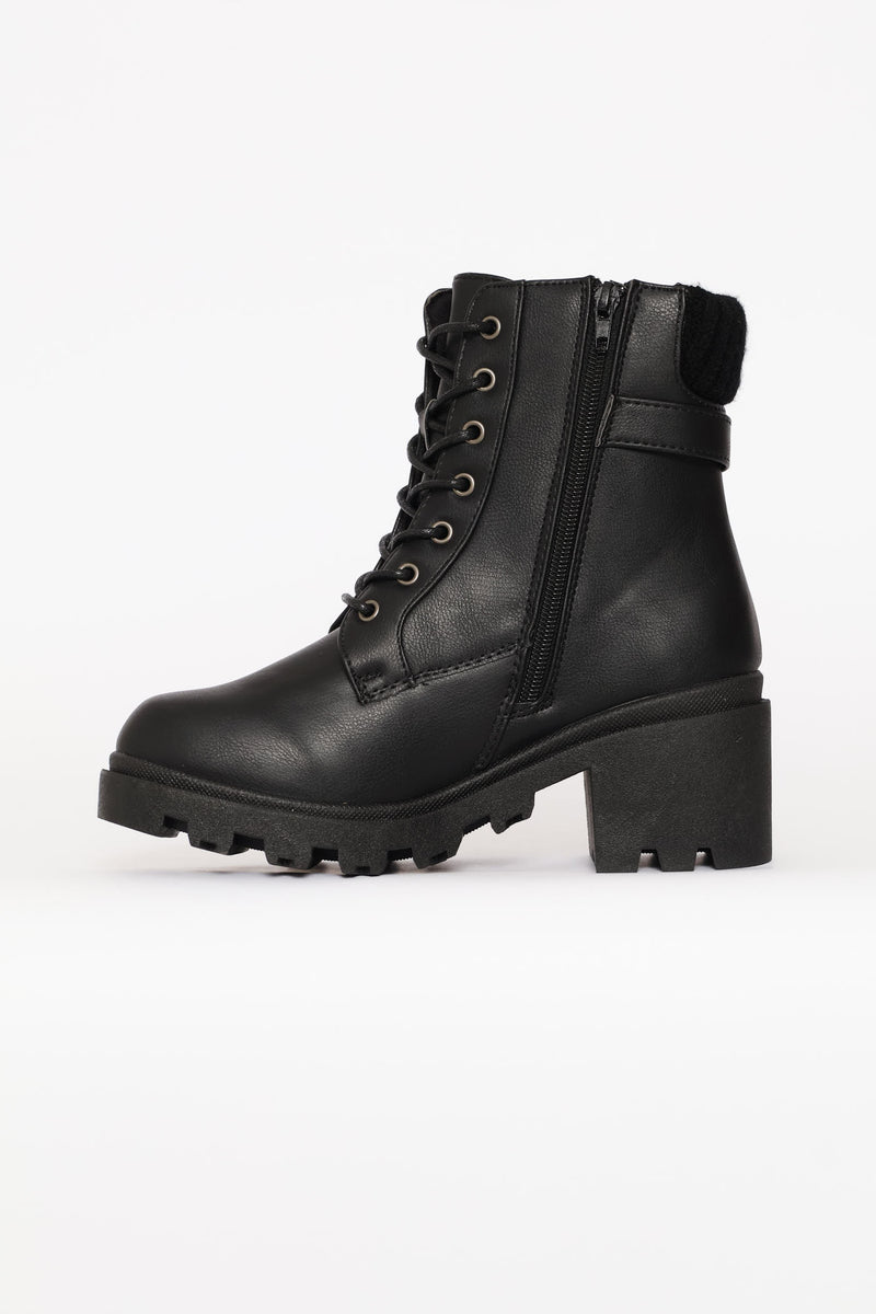 Sock Detail Trim Chunky Military Boot - Black