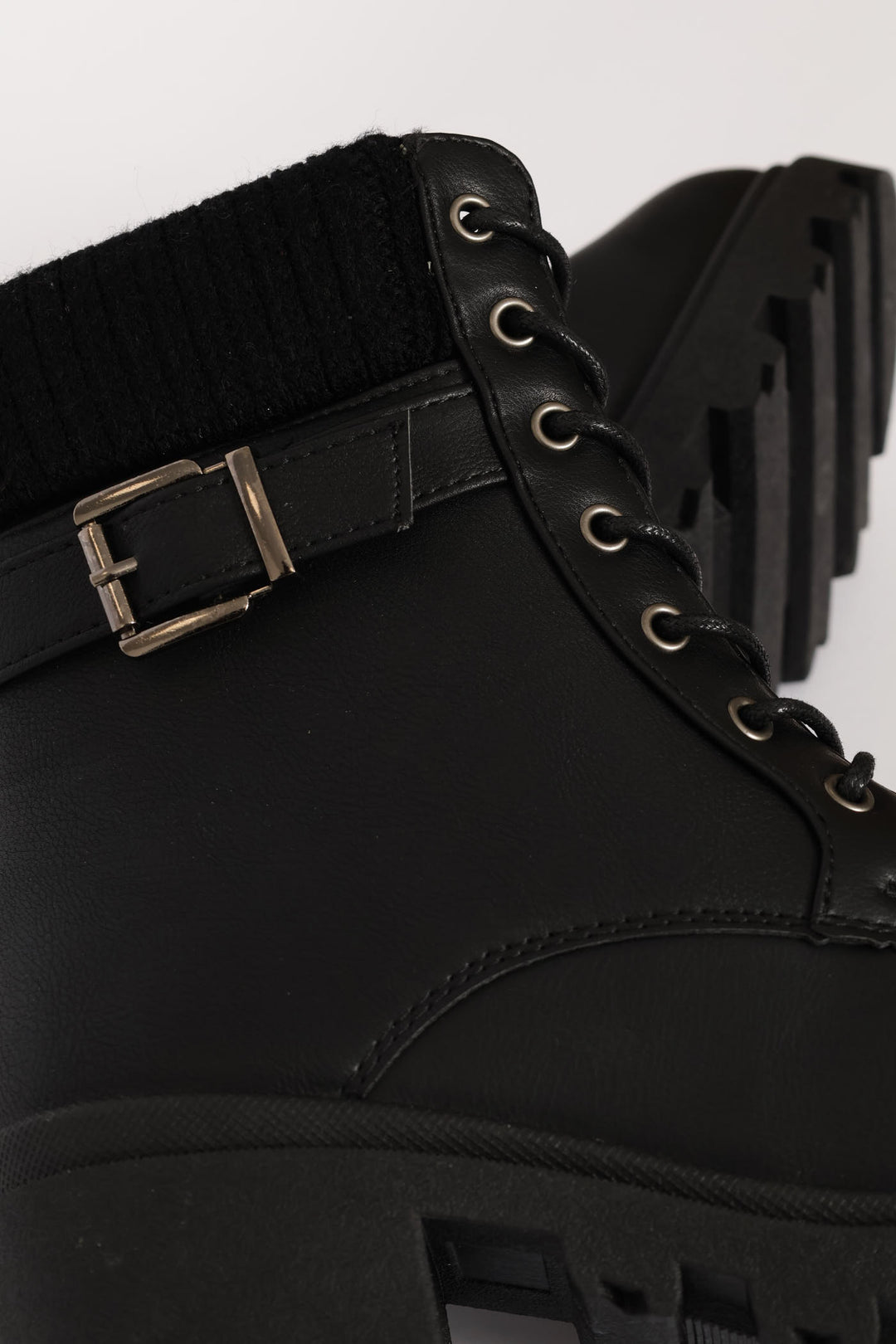 Sock Detail Trim Chunky Military Boot - Black