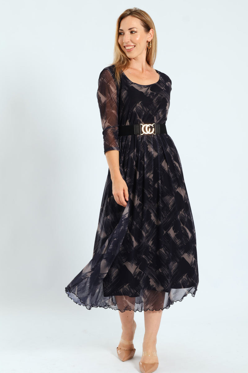Pleated Belt Mesh Maxi Dress