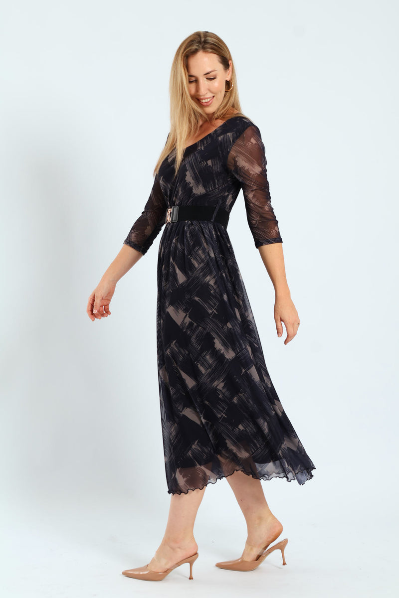 Pleated Belt Mesh Maxi Dress