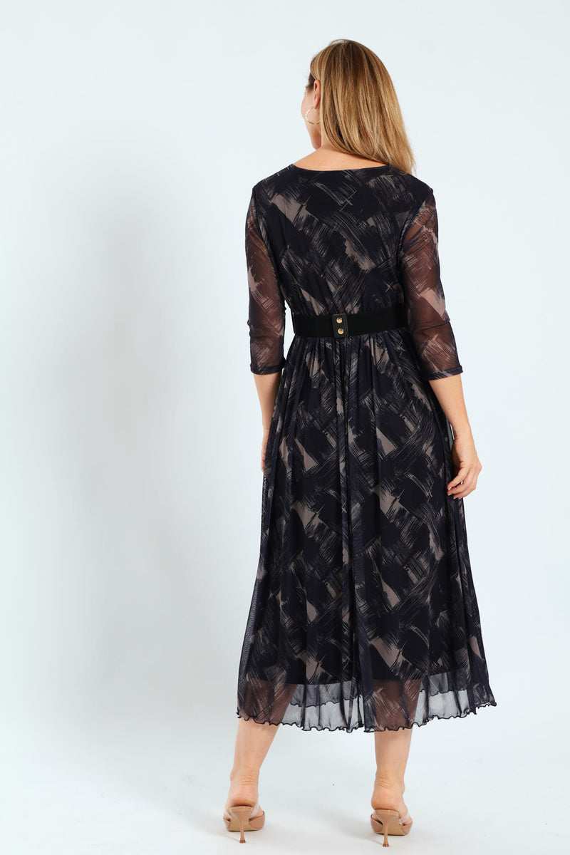 Pleated Belt Mesh Maxi Dress