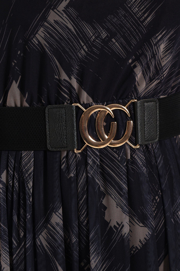 Pleated Belt Mesh Maxi Dress