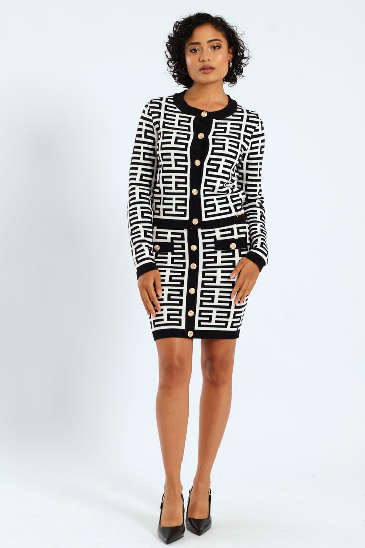 Patterned Knit Cardigan - White/Black