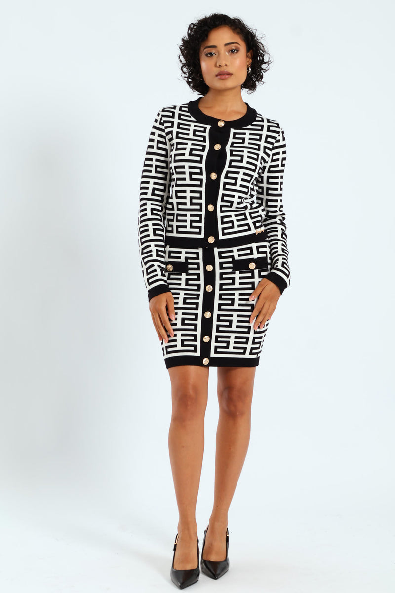 Patterned Knit Cardigan - White/Black