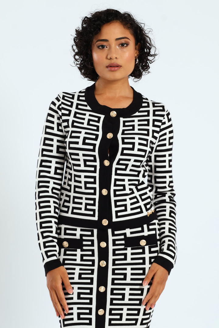 Patterned Knit Cardigan - White/Black