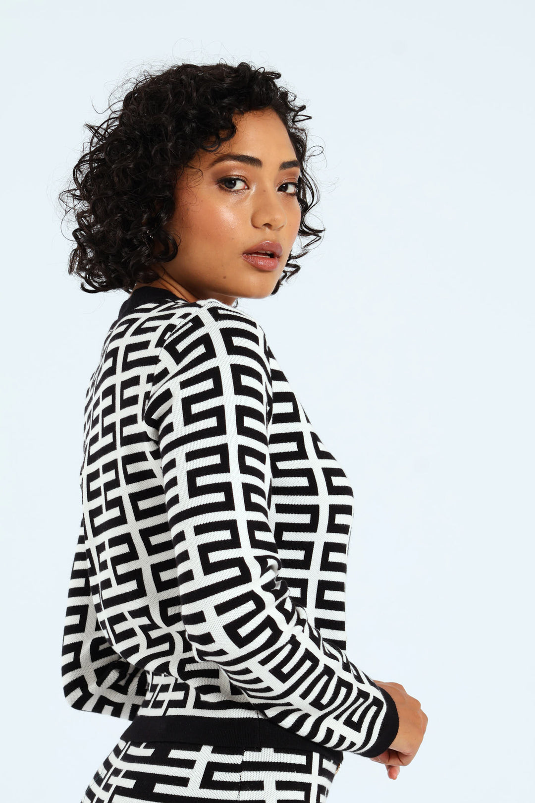 Patterned Knit Cardigan - White/Black