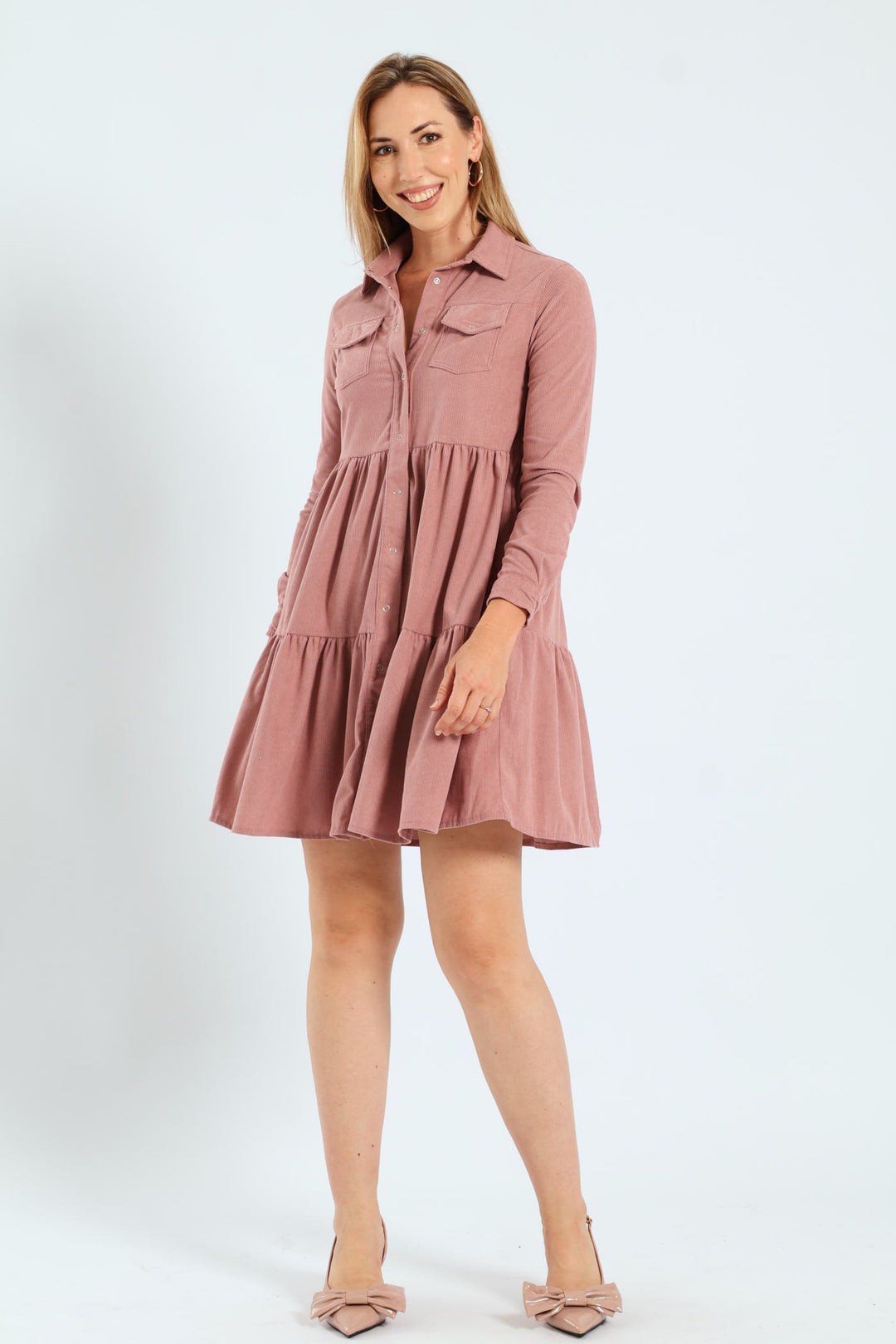 Double Pocket Tiered Corduroy Mini Dress