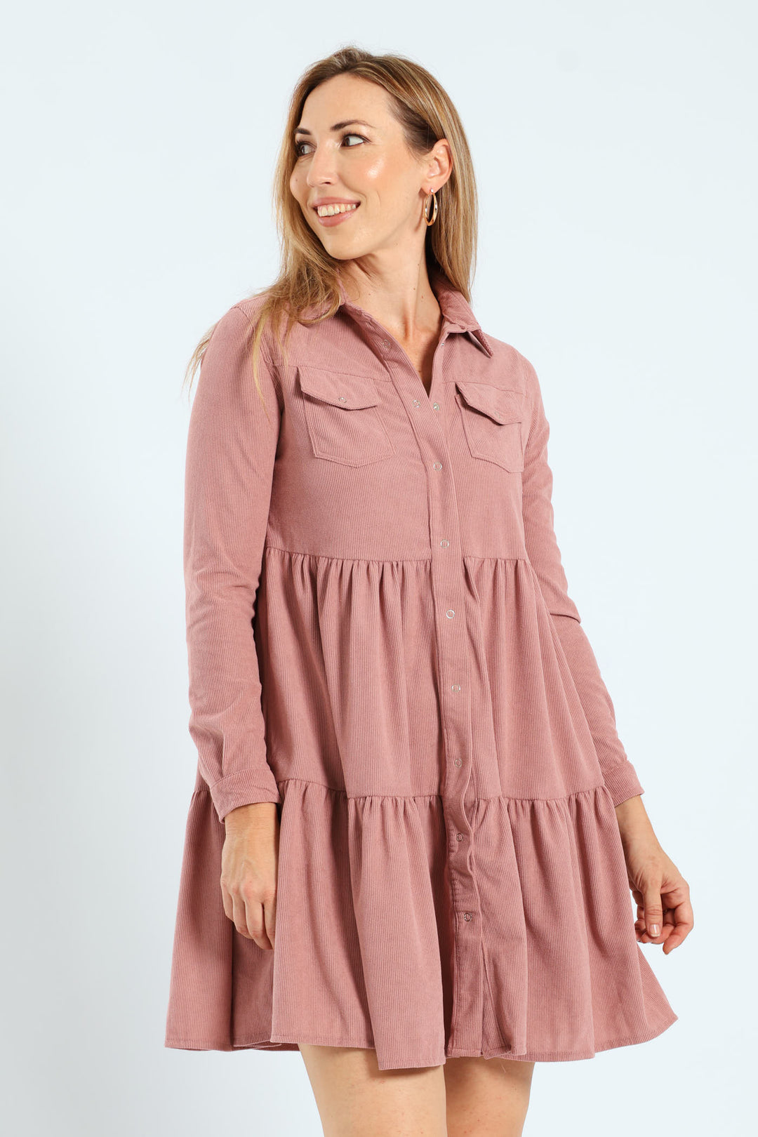 Double Pocket Tiered Corduroy Mini Dress
