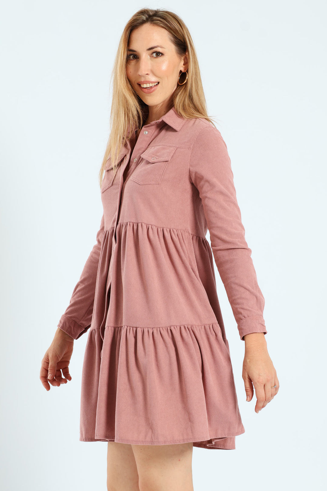 Double Pocket Tiered Corduroy Mini Dress