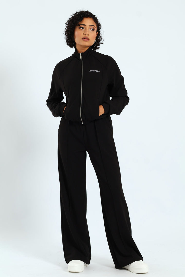 Sporty Wide Leg Track Pants - Black