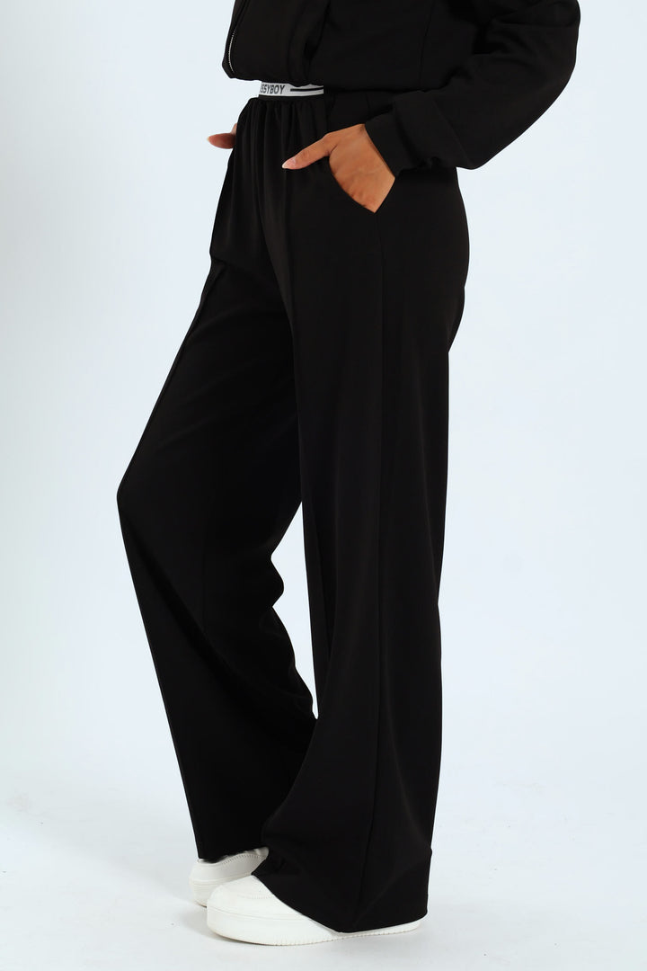 Sporty Wide Leg Track Pants - Black
