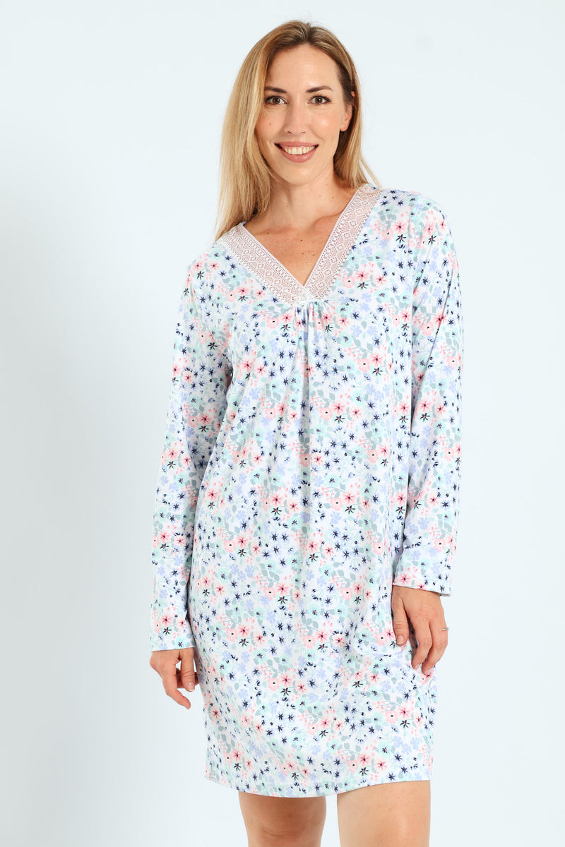 2 Pack Lace Detail Ditsy Floral Sleepshirts - White/Blue