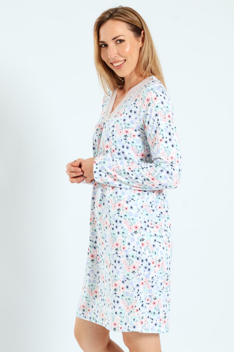 2 Pack Lace Detail Ditsy Floral Sleepshirts - White/Blue