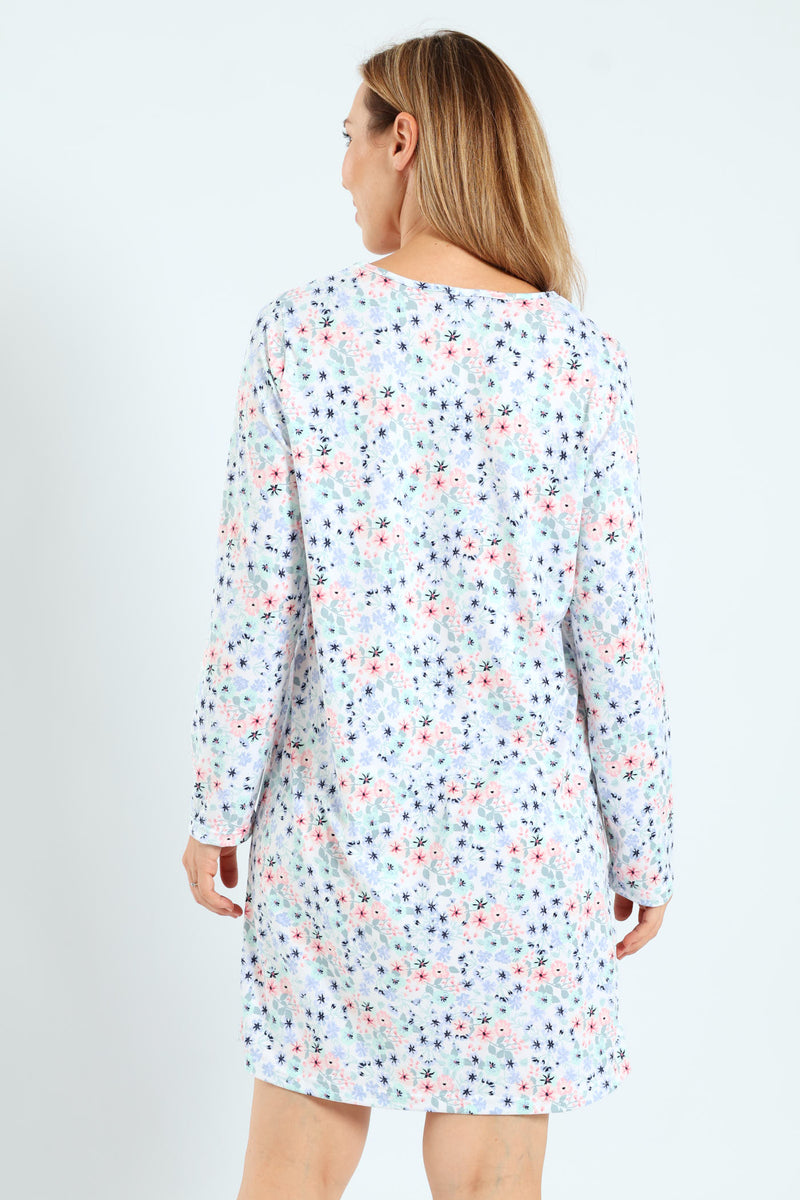 2 Pack Lace Detail Ditsy Floral Sleepshirts - White/Blue