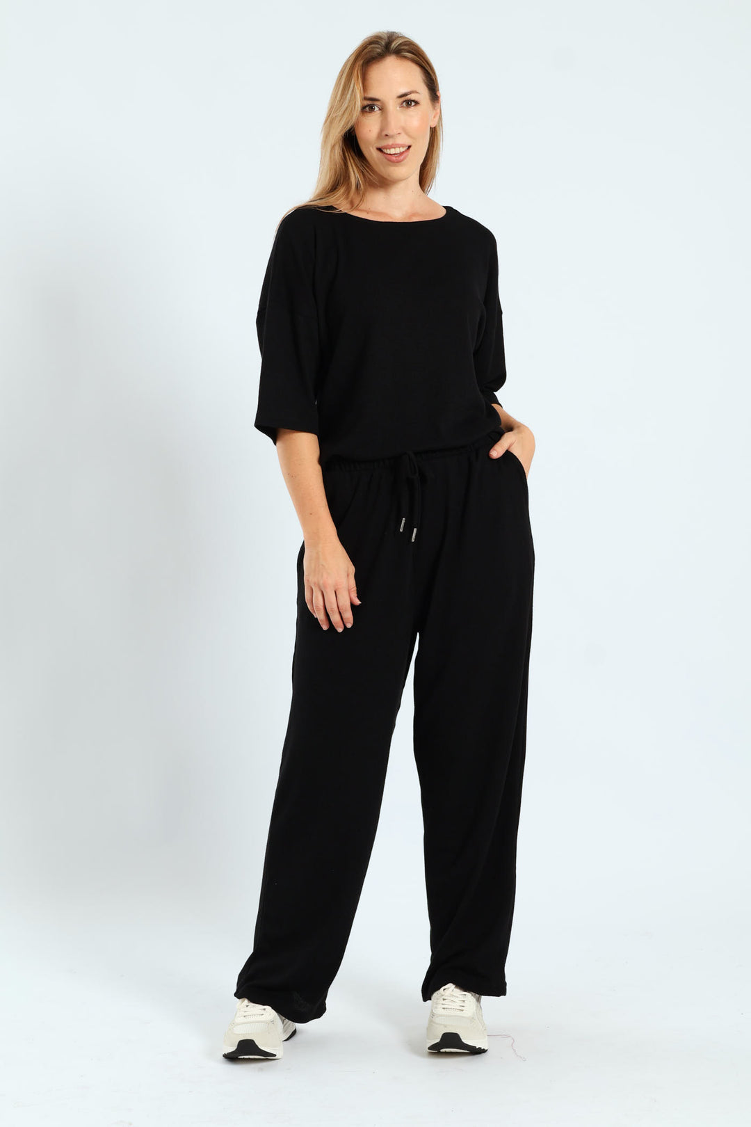 3/4 Sleeve Dolman Waffle Top - Black