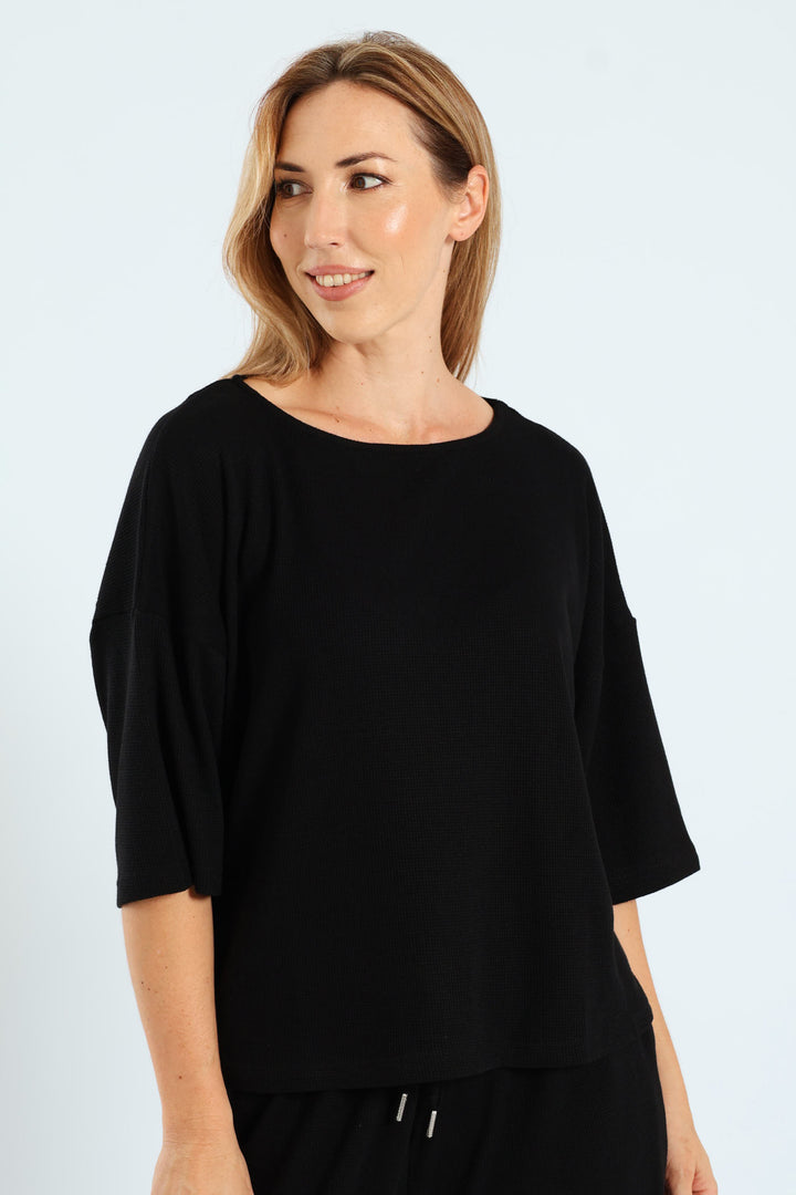 3/4 Sleeve Dolman Waffle Top - Black