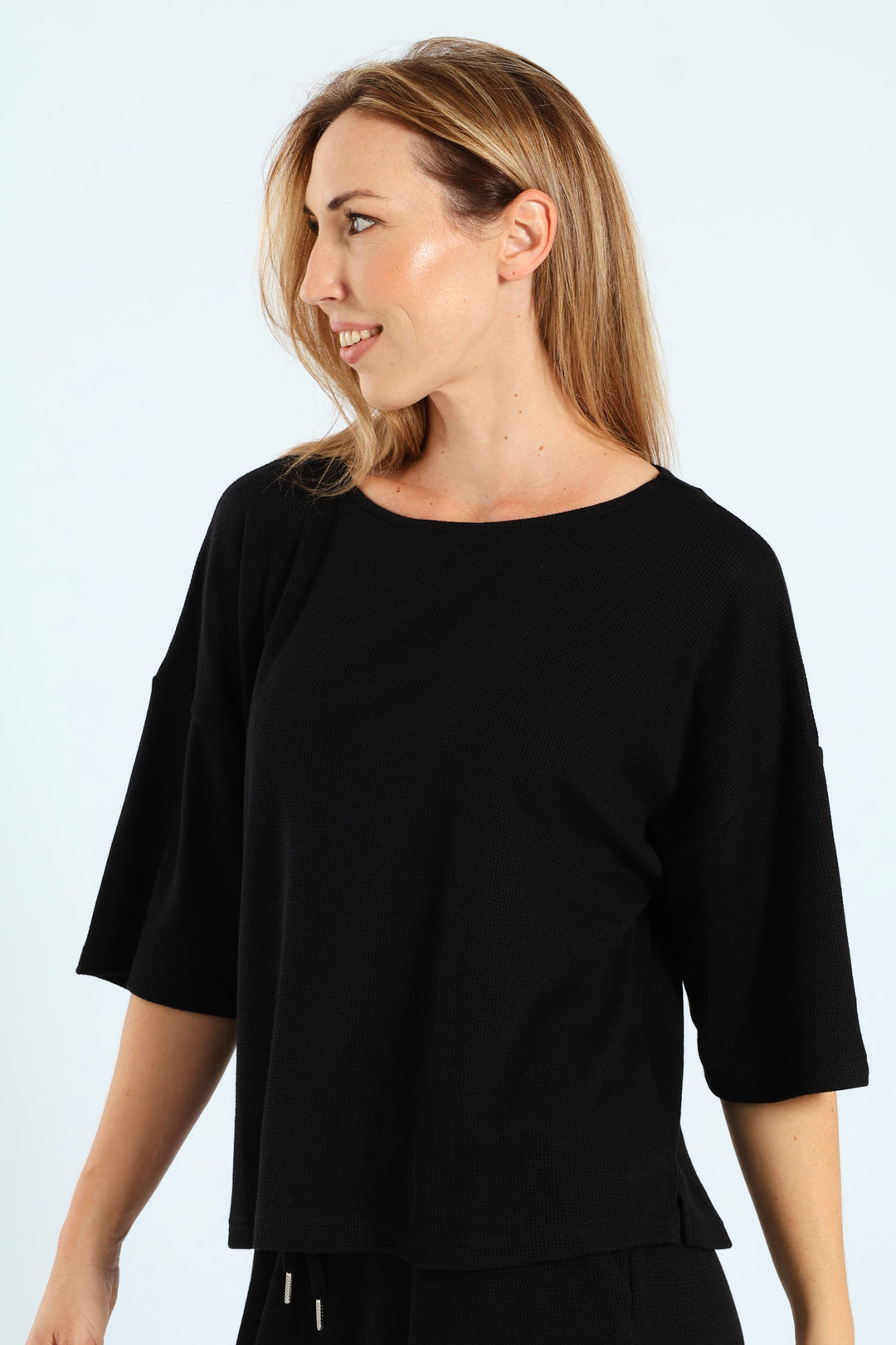3/4 Sleeve Dolman Waffle Top - Black