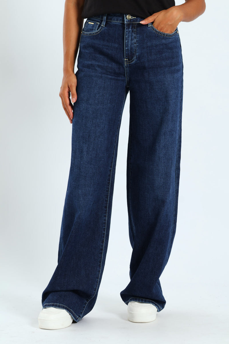 High Waist Wide Leg Denim With Wings On Pocket - Raw Wash