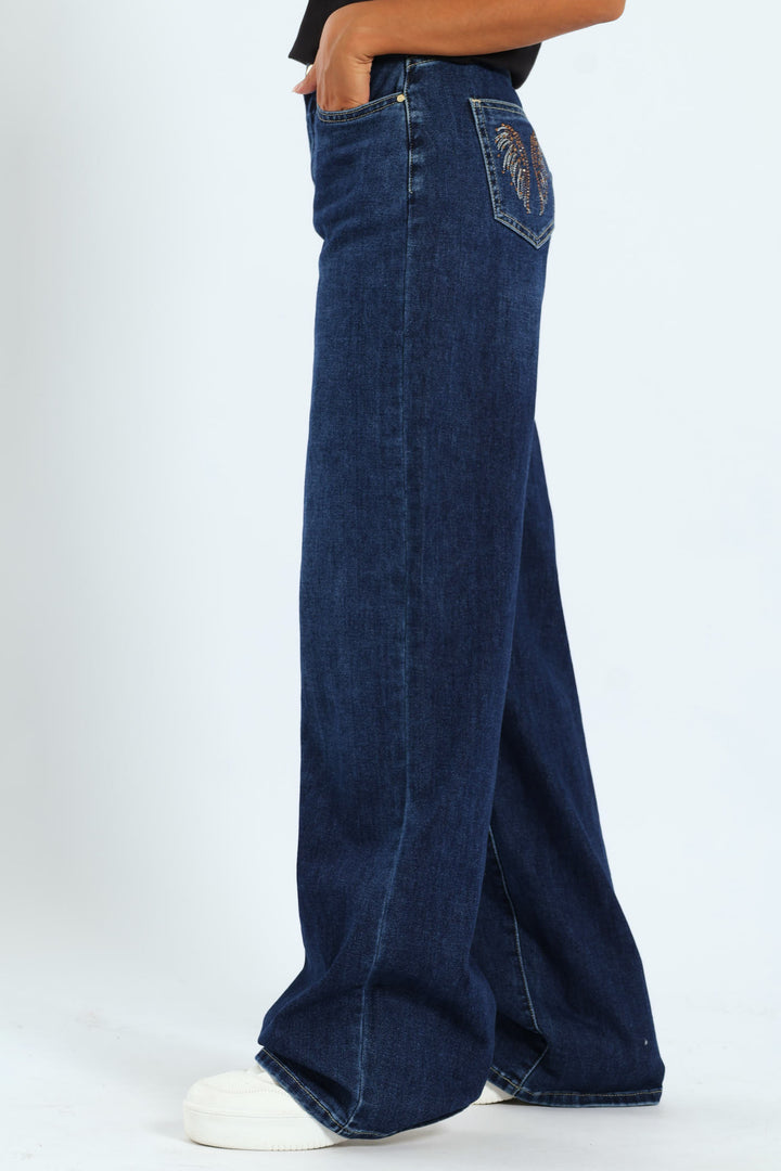High Waist Wide Leg Denim With Wings On Pocket - Raw Wash