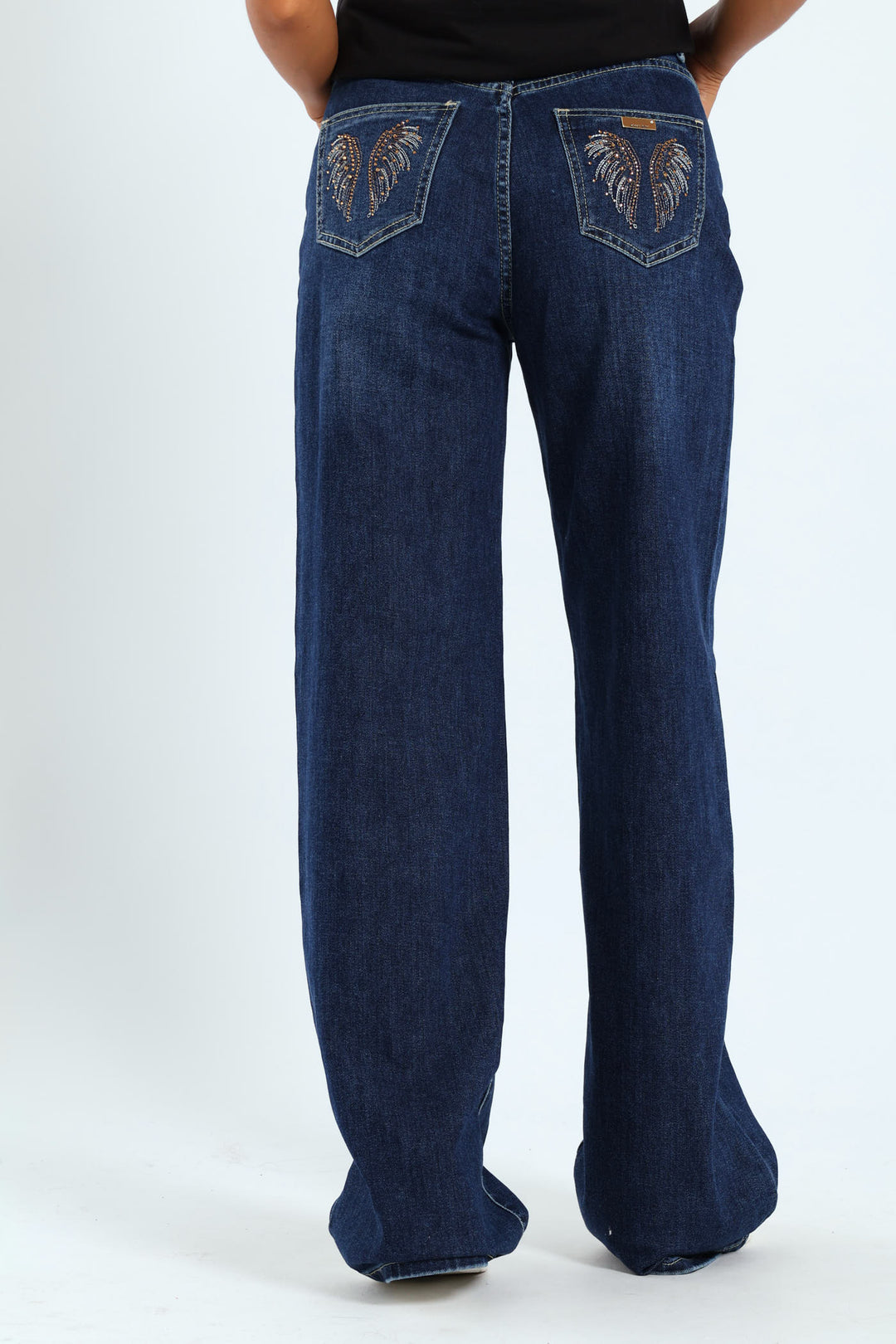 High Waist Wide Leg Denim With Wings On Pocket - Raw Wash