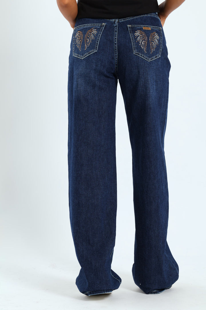 High Waist Wide Leg Denim With Wings On Pocket - Raw Wash
