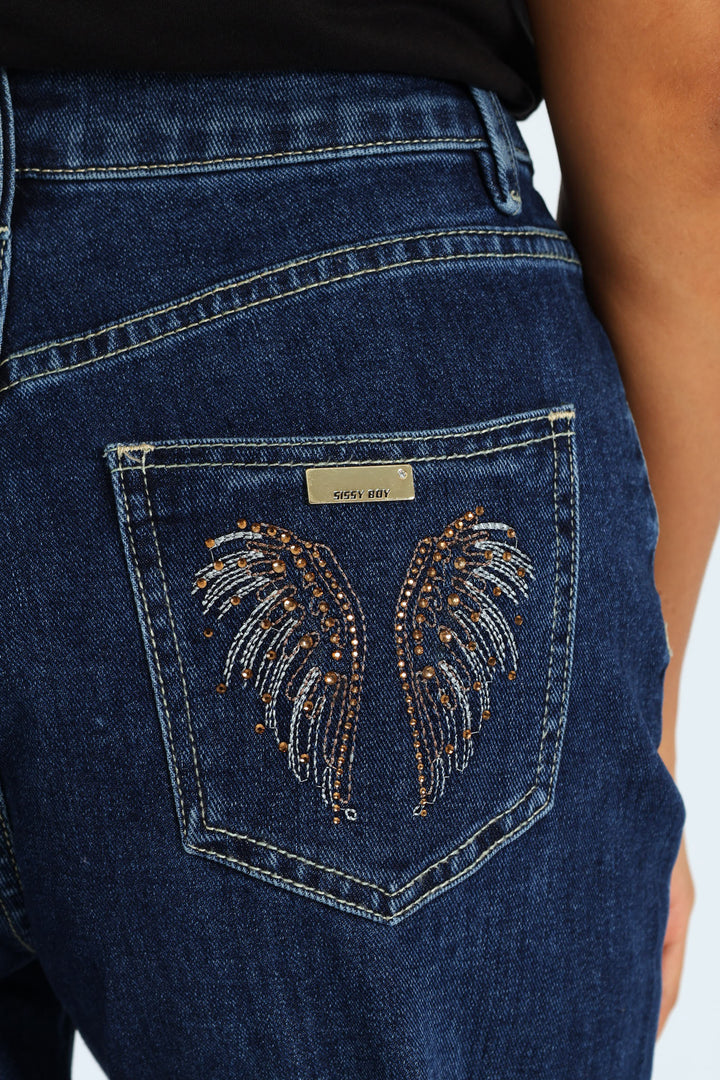 High Waist Wide Leg Denim With Wings On Pocket - Raw Wash