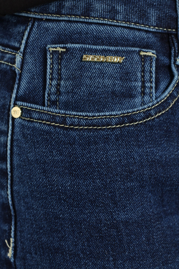 High Waist Wide Leg Denim With Wings On Pocket - Raw Wash