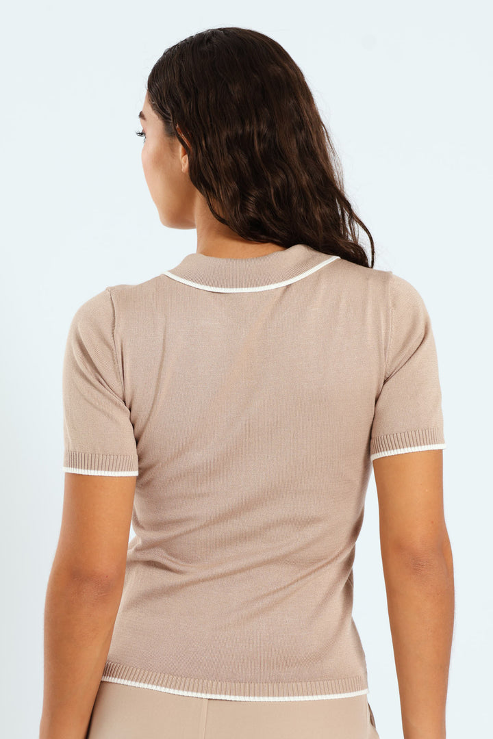Short Sleeve Golfer With Contrast Detail - Stone