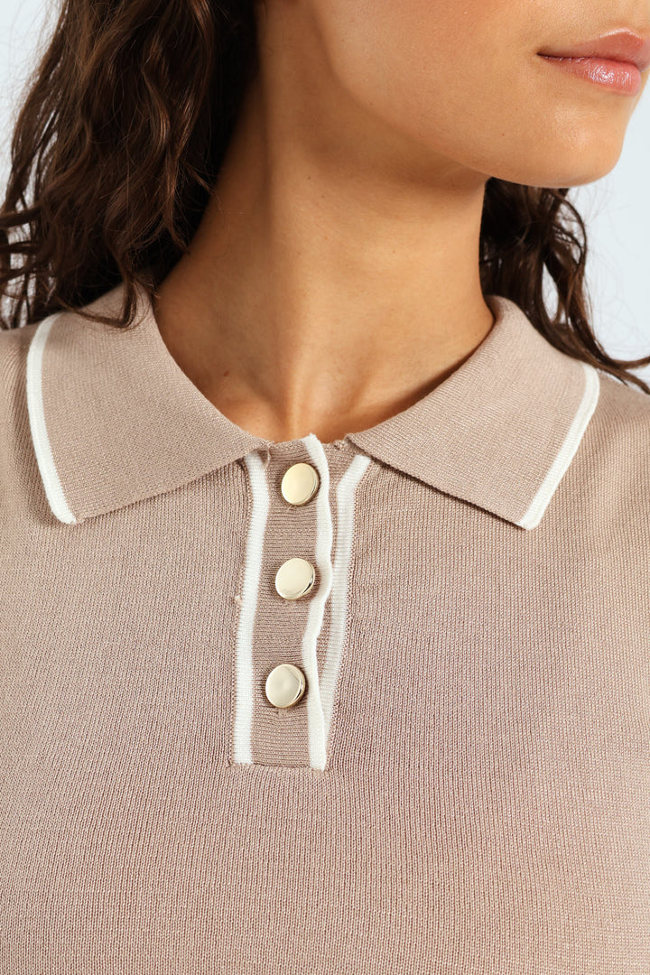 Short Sleeve Golfer With Contrast Detail - Stone