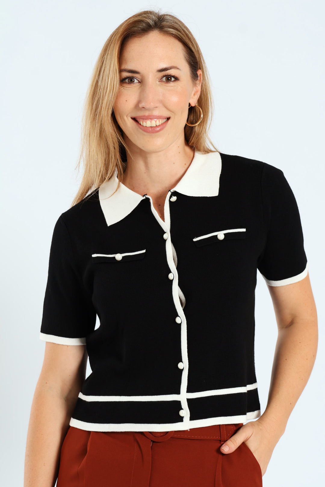 Collared Tipped Cardi - Cream/Black