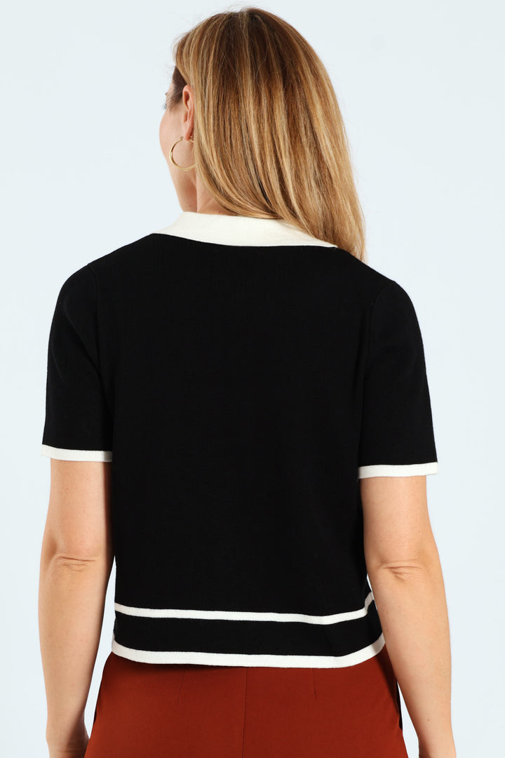 Collared Tipped Cardi - Cream/Black