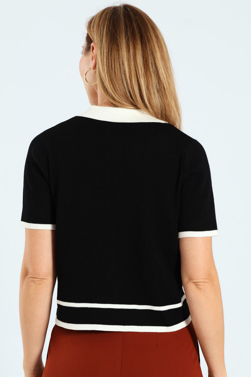 Collared Tipped Cardi - Cream/Black