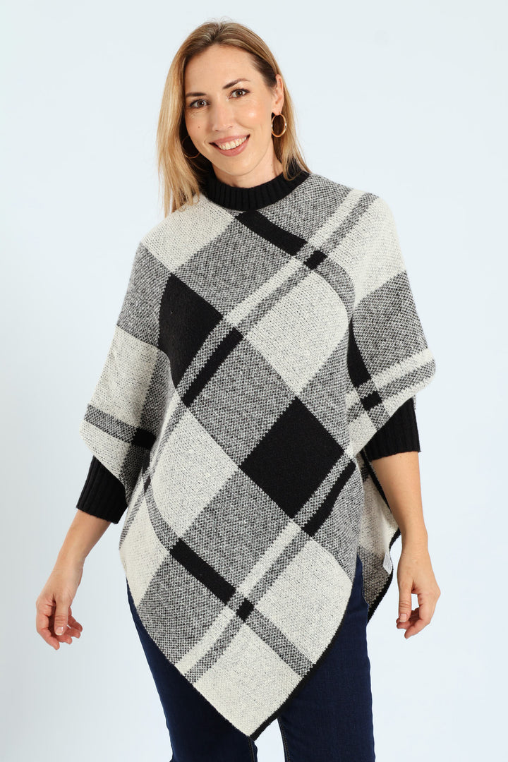 Check Plaid Poncho - Black