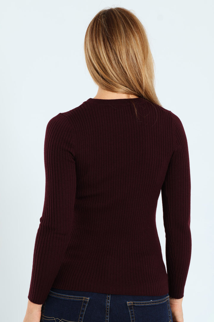 Ribbed Plain Pullover - Burgundy