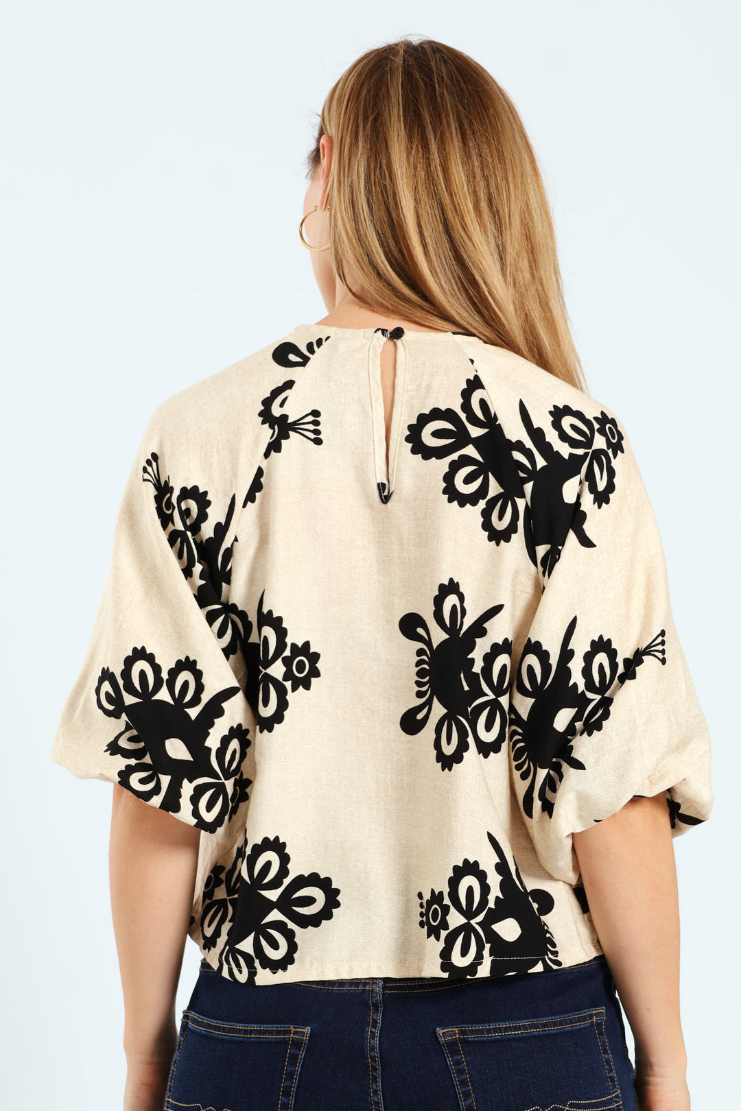 Bubble Raglan Sleeve Blouse - Cream/Black