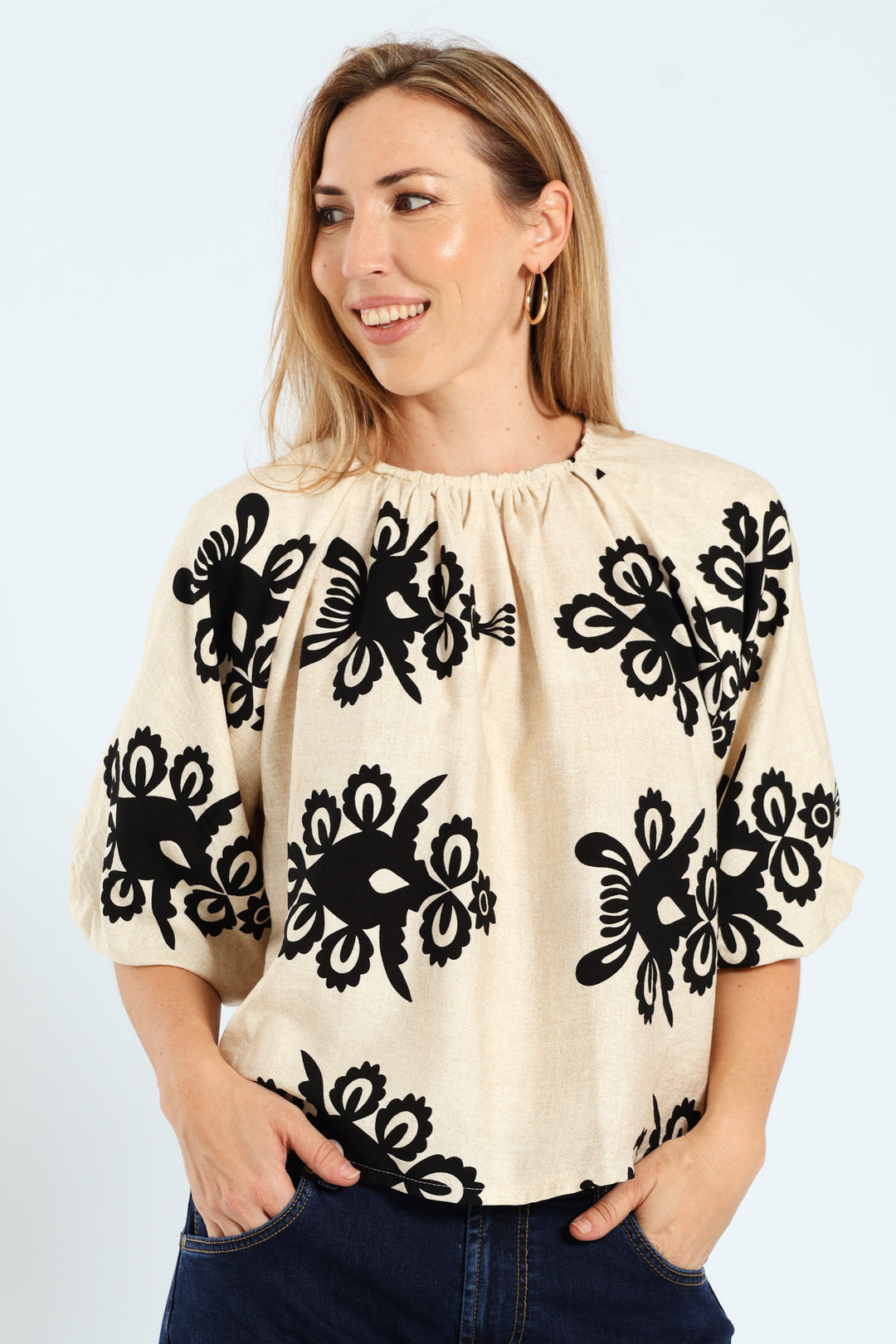 Bubble Raglan Sleeve Blouse - Cream/Black