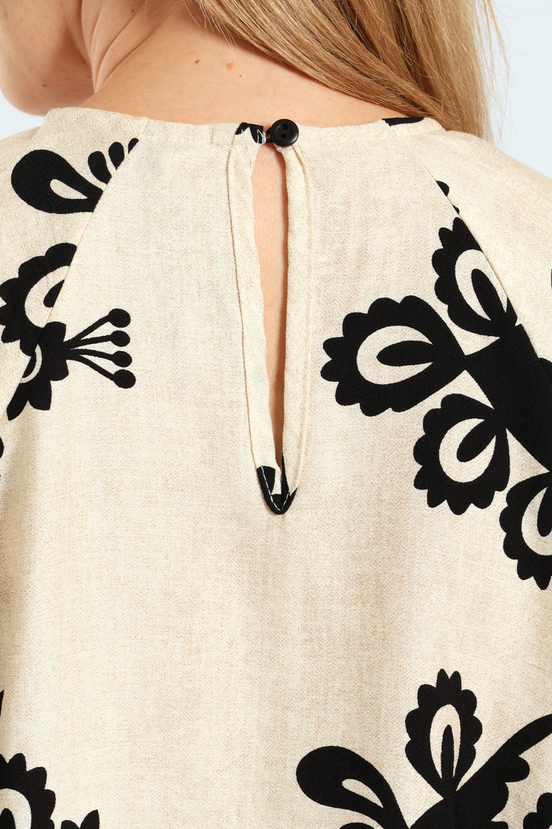 Bubble Raglan Sleeve Blouse - Cream/Black