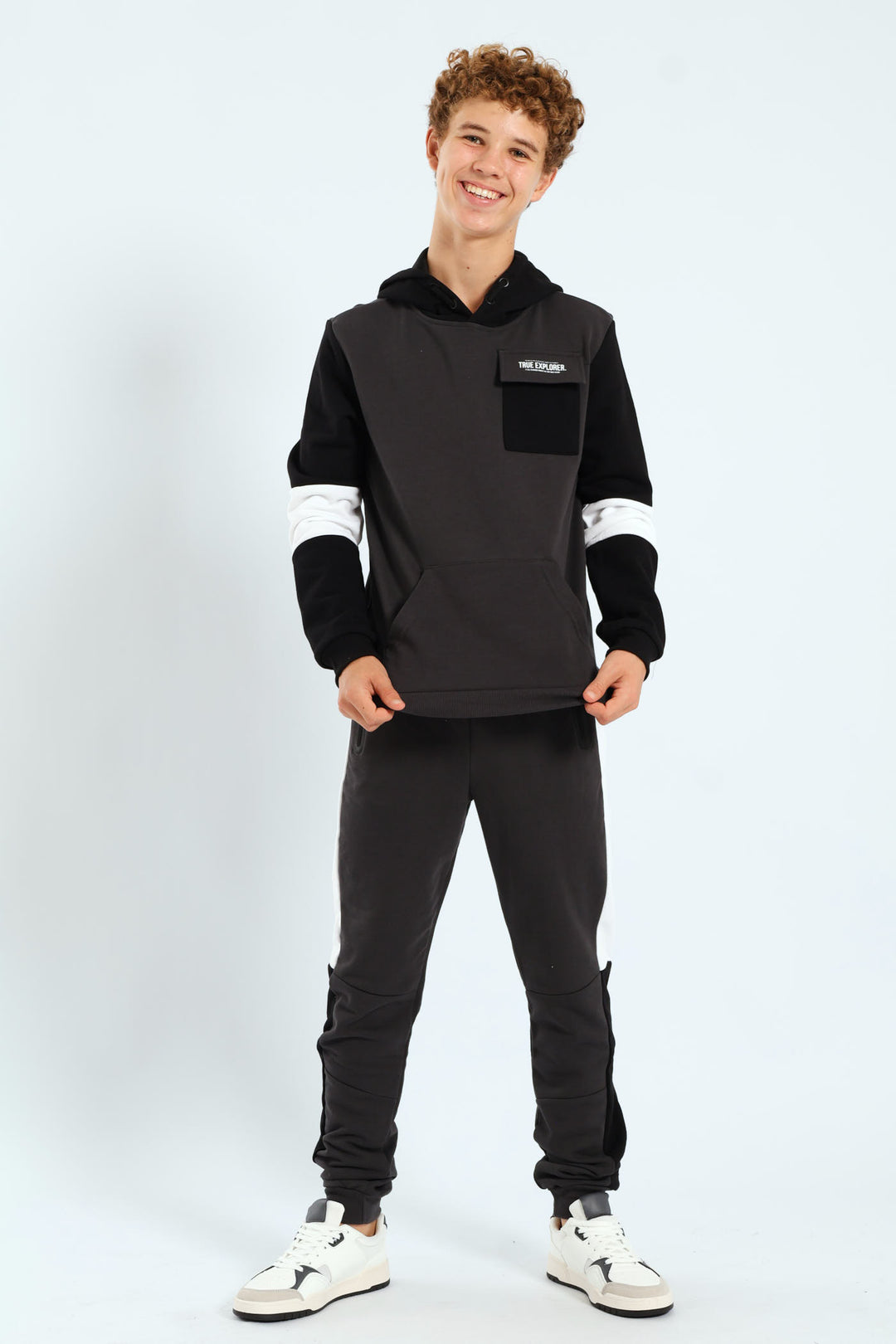 Boys Inset Back Print Hoody - Charcoal