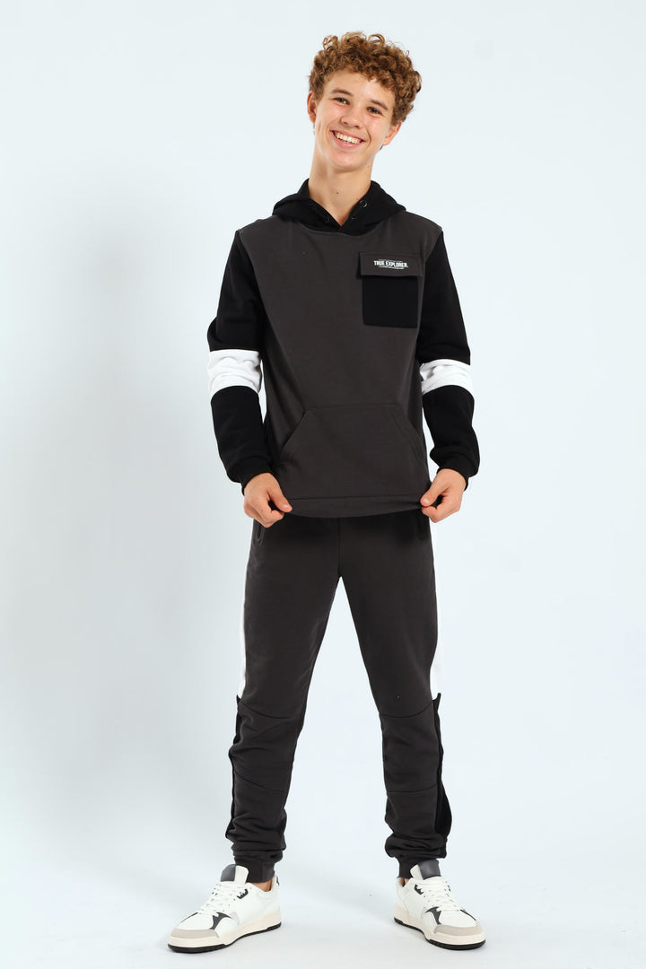 Boys Inset Back Print Hoody - Charcoal