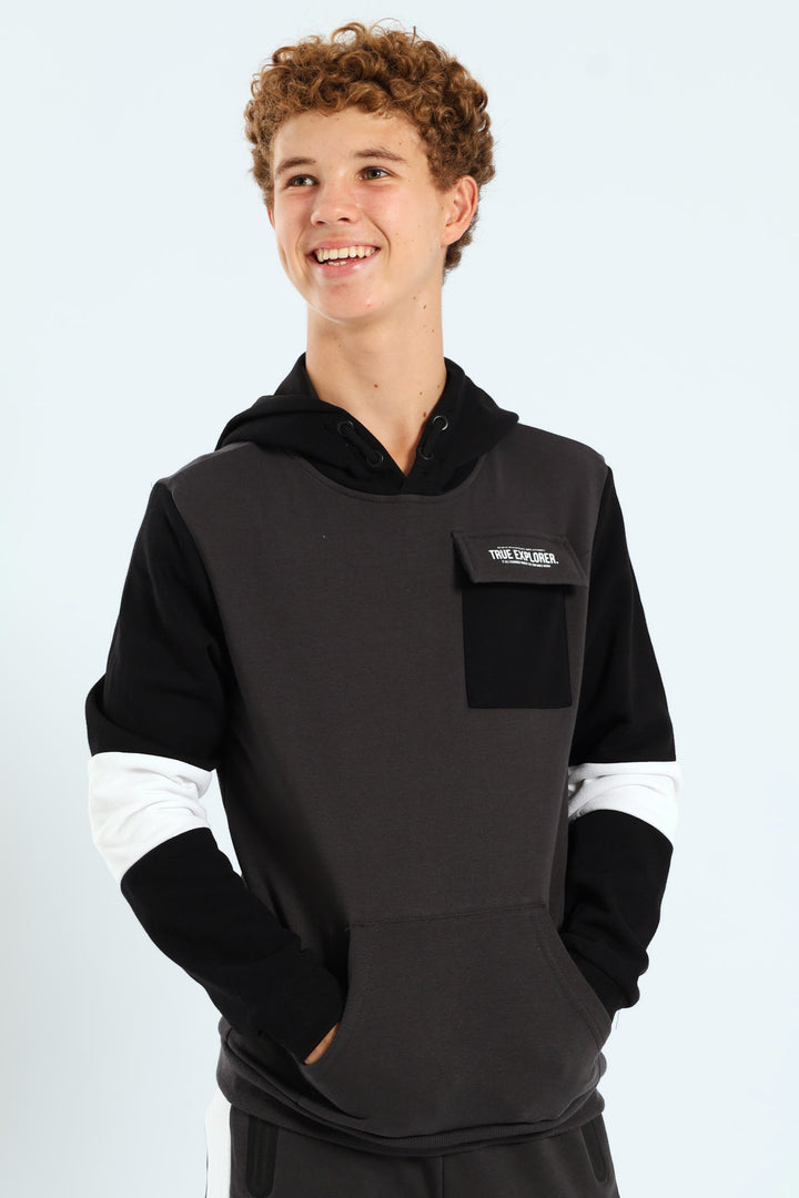 Boys Inset Back Print Hoody - Charcoal