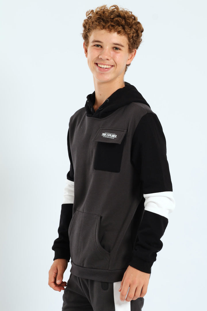 Boys Inset Back Print Hoody - Charcoal