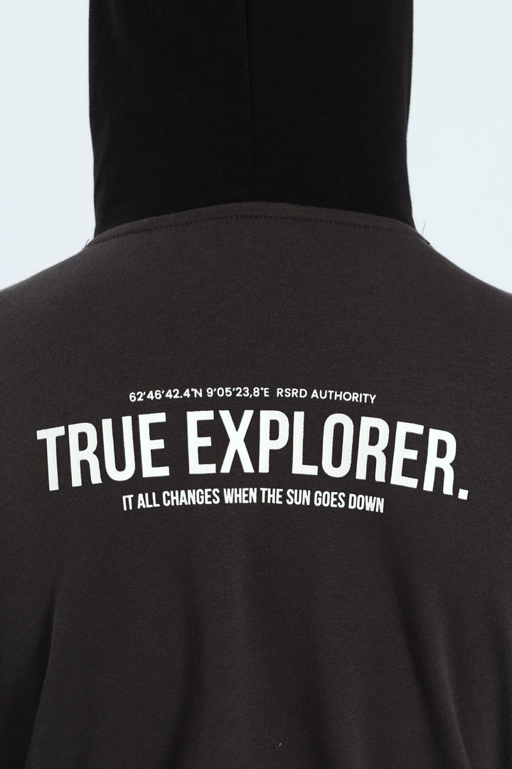 Boys Inset Back Print Hoody - Charcoal