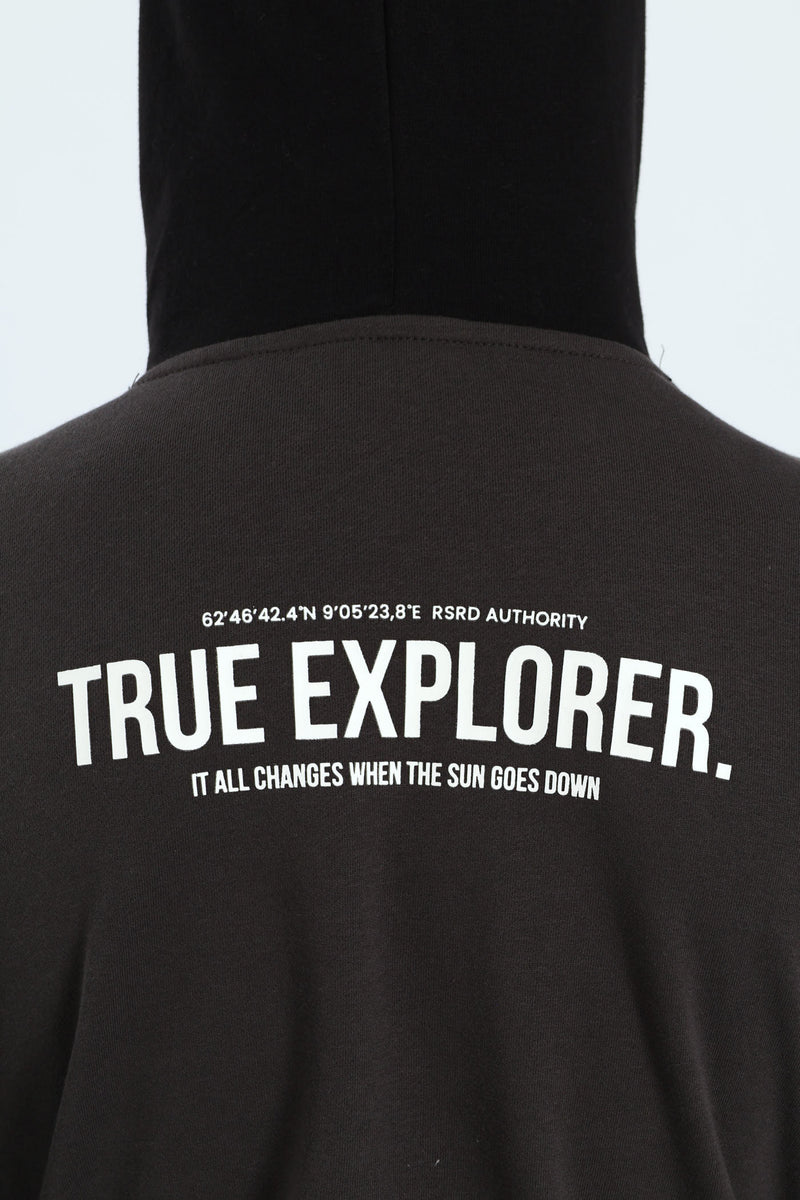 Boys Inset Back Print Hoody - Charcoal