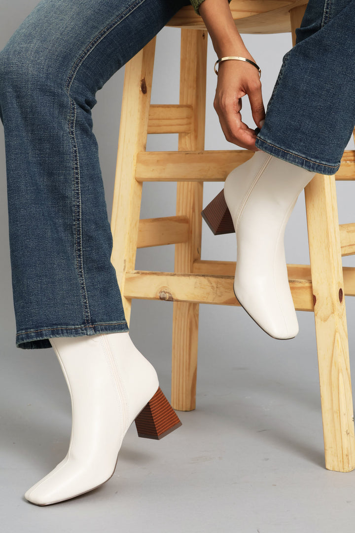 Center Seam Stack Block Heel Ankle Boot - Off White