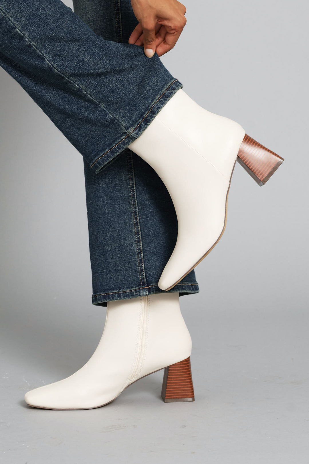 Center Seam Stack Block Heel Ankle Boot - Off White